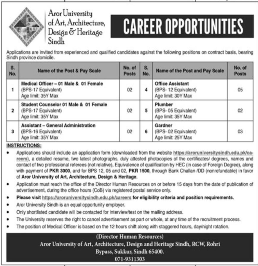 Aror University of Art, Architecture, Design & Heritage Sindh Jobs February 2023