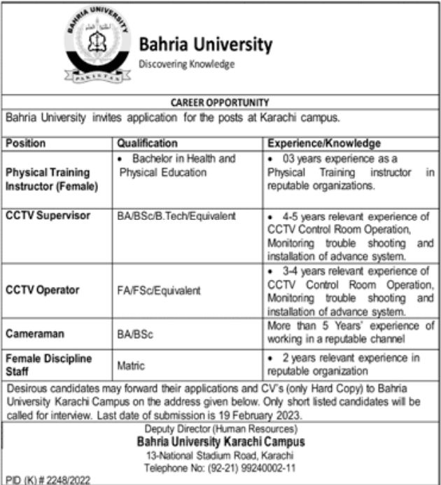 Bahria University Jobs February 2023