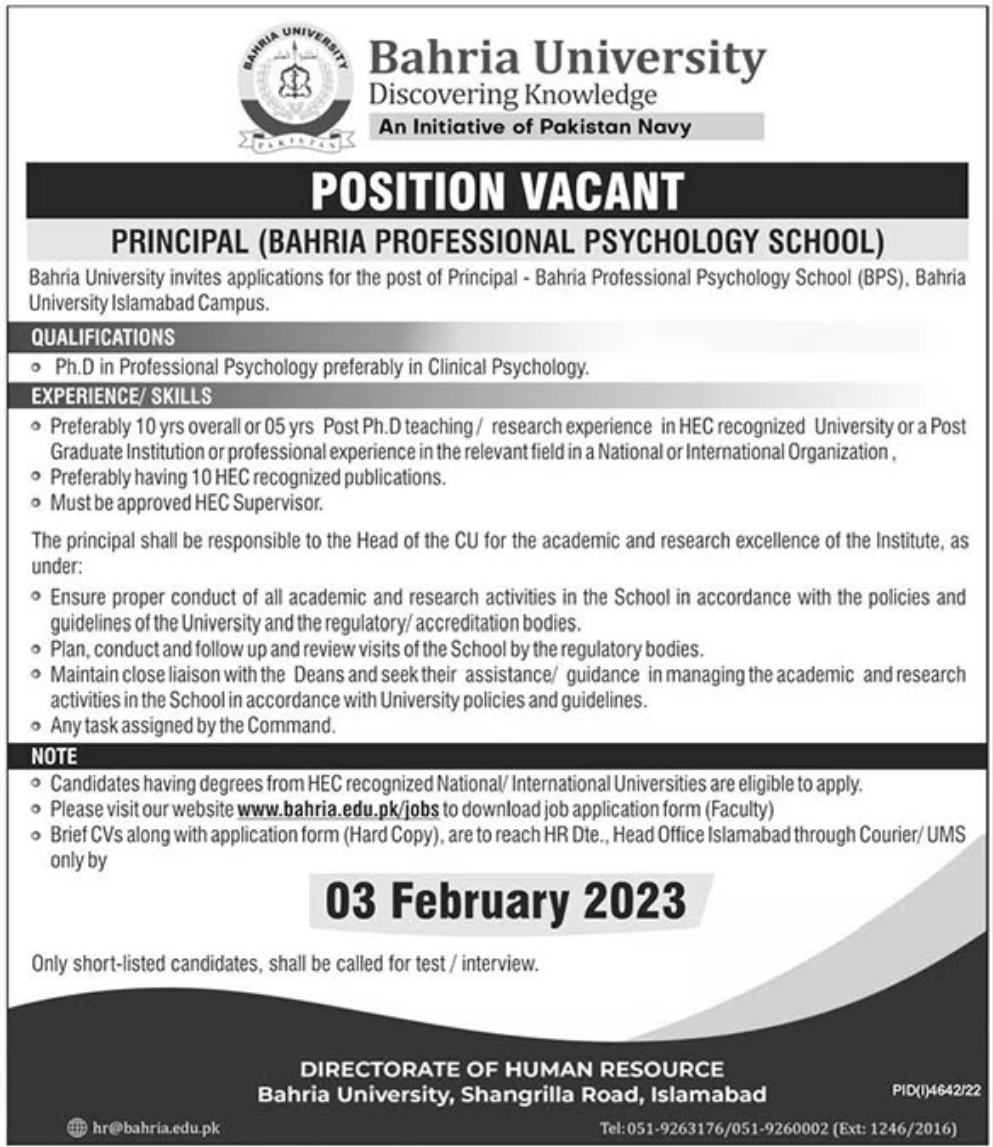 Bahria University Jobs January 2023