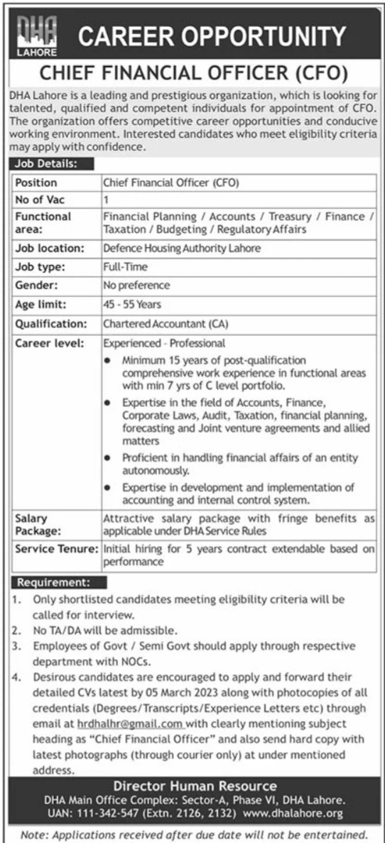 DHA Lahore Jobs February 2023