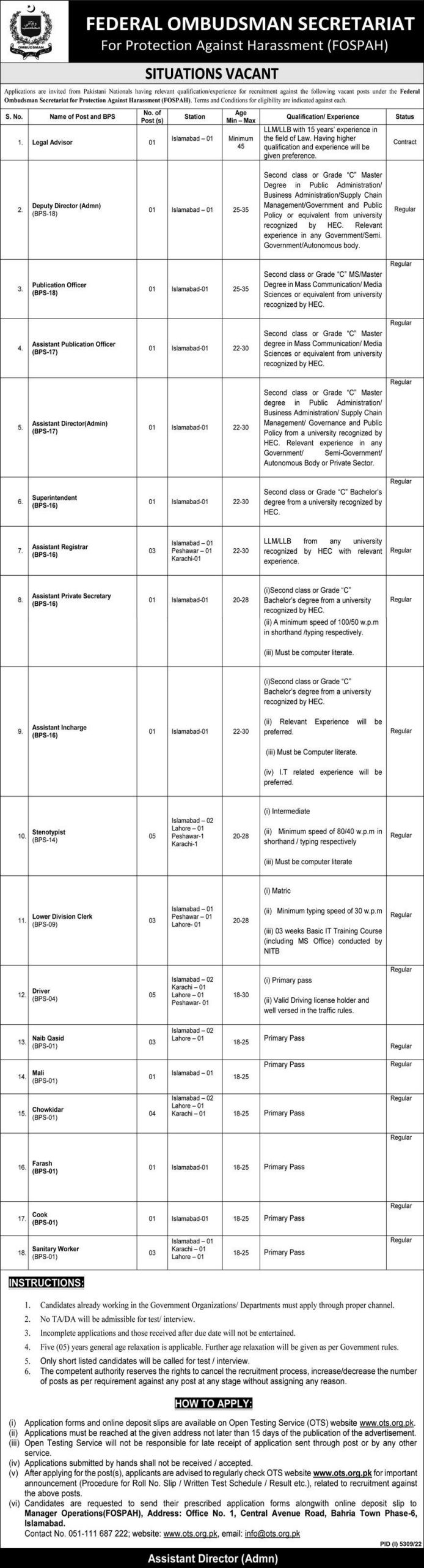Federal Ombudsman Secretariat Jobs February 2023
