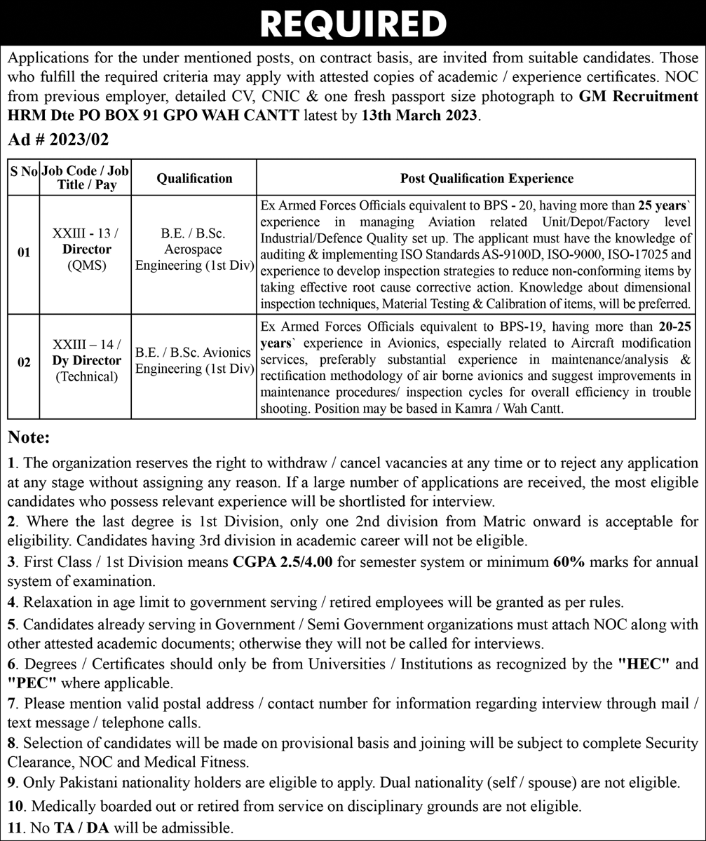 Government Sector Wah Cantt Jobs February 2023