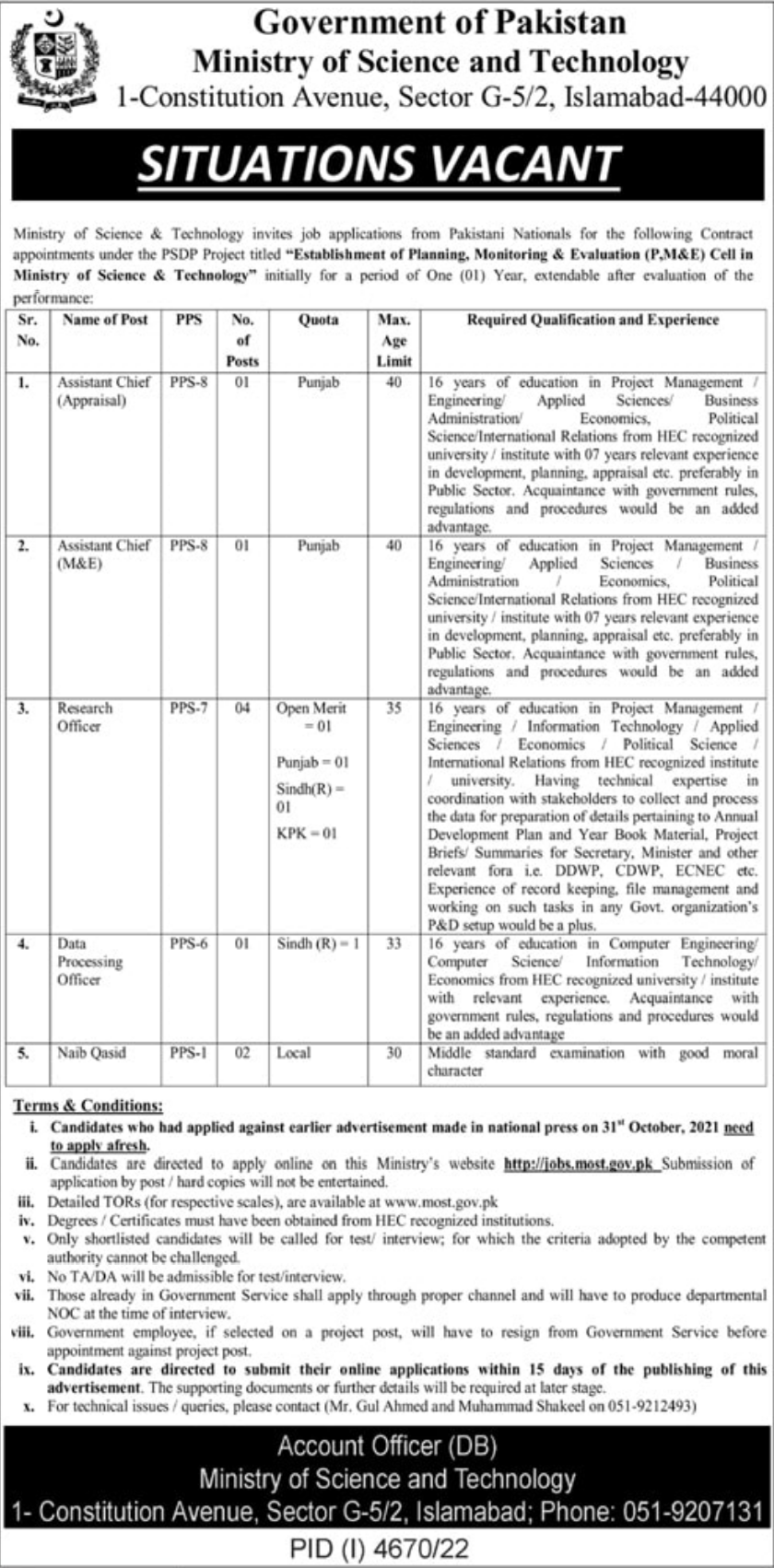 Government of Pakistan - Ministry of Science and Technology Jobs January 2023