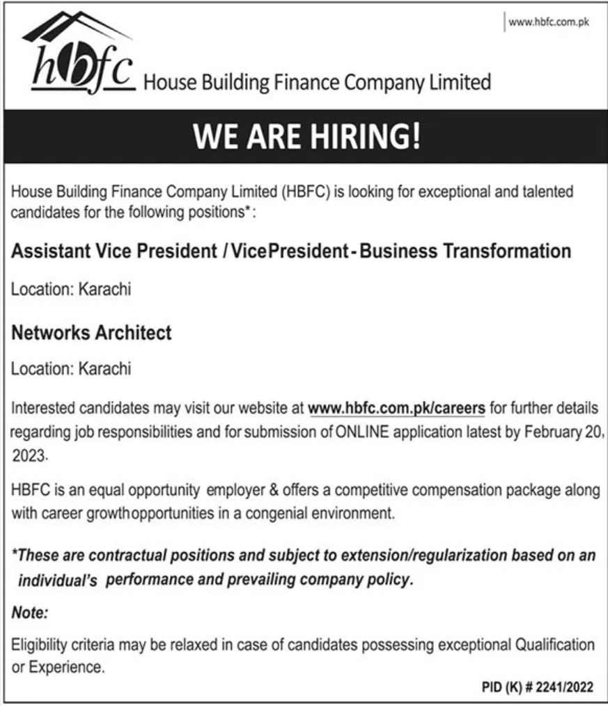 House Building Finance Company Limited HBFC Jobs February 2023