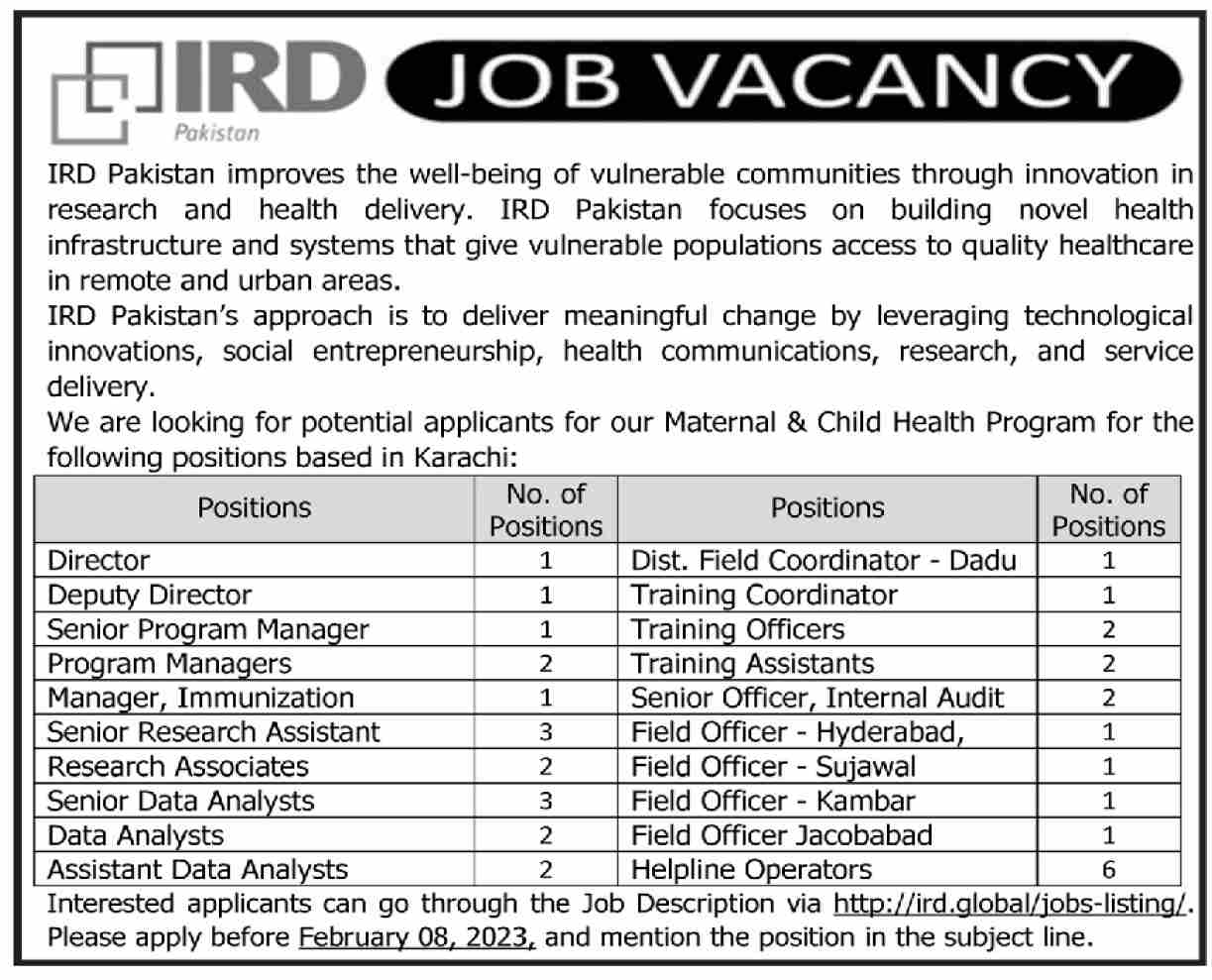 IRD Pakistan Jobs January 2023