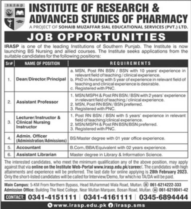 Institute of Research & Advanced Studies of Pharmacy Jobs February 2023