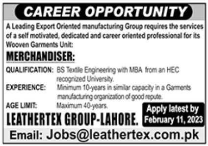 Leathertex Group Lahore Jobs February 2023