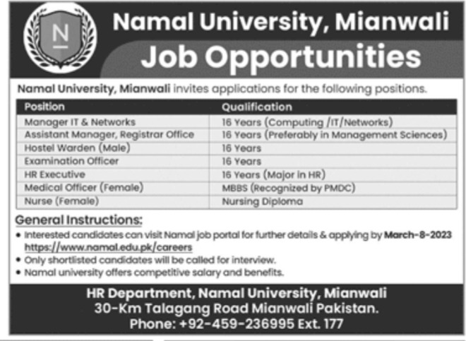 Namal University Jobs February 2023