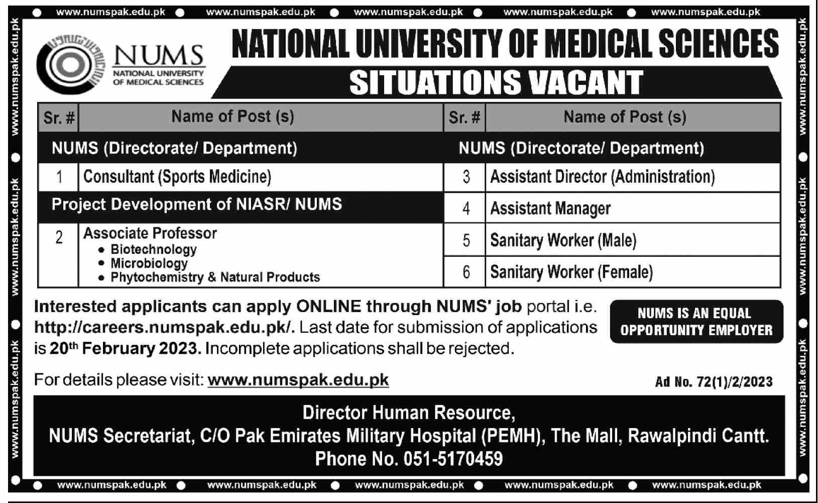 National University of Medical Sciences Jobs February 2023