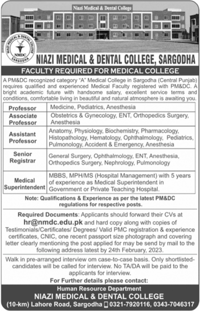 Niazi Medical & Dental College Sargodha Jobs February 2023