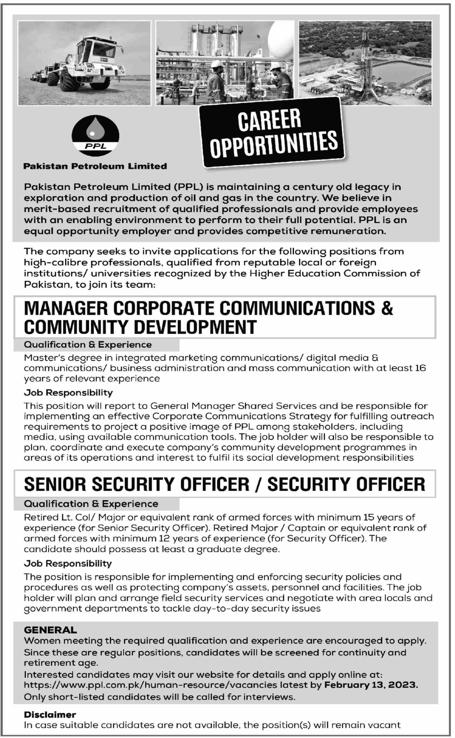 Pakistan Petroleum Limited PPL Jobs January 2023