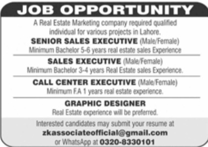 Real Estate Marketing Company Lahore Jobs February 2023