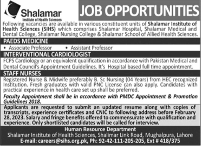 Shalamar Institute of Health Sciences Jobs February 2023