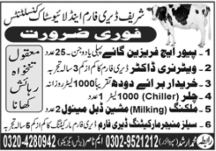 Sharif Dairy Farm & LiveStock Consultants Jobs February 2023