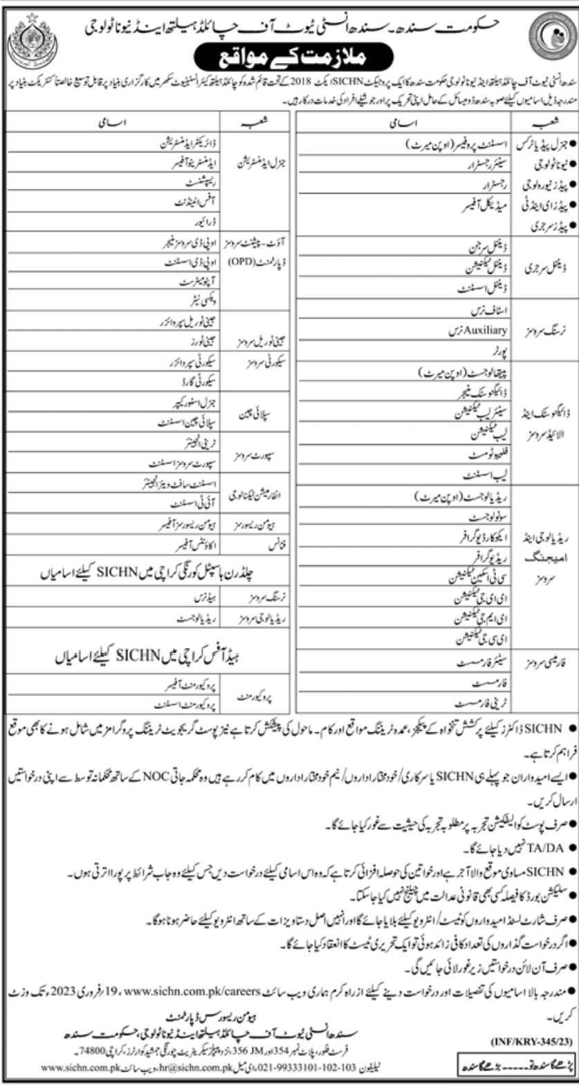 Sindh Institute of Child Health Neurology Jobs February 2023