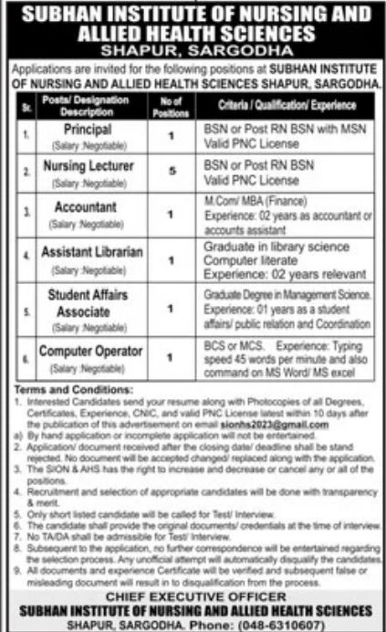 Subhan Institute of Nursing and Allied Health Sciences Jobs February 2023
