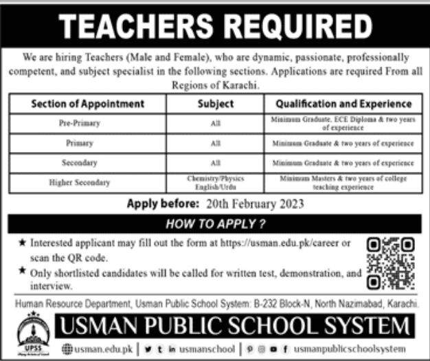 Usman Public School System Jobs February 2023