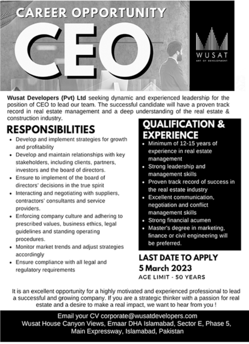 Wusat Developers Pvt Ltd Jobs February 2023