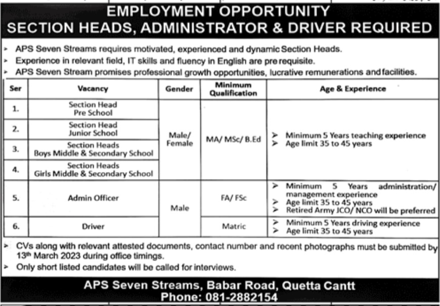 APS Seven Streams Jobs March 2023
