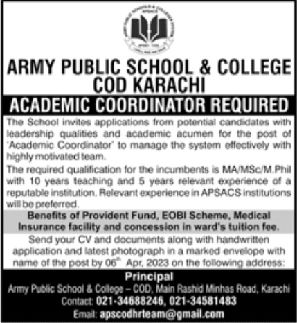 Army Public School & College COD Karachi Jobs March 2023