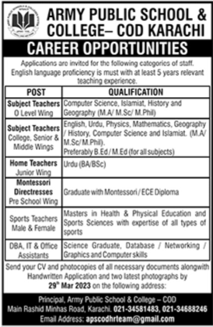 Army Public School & College Jobs March 2023