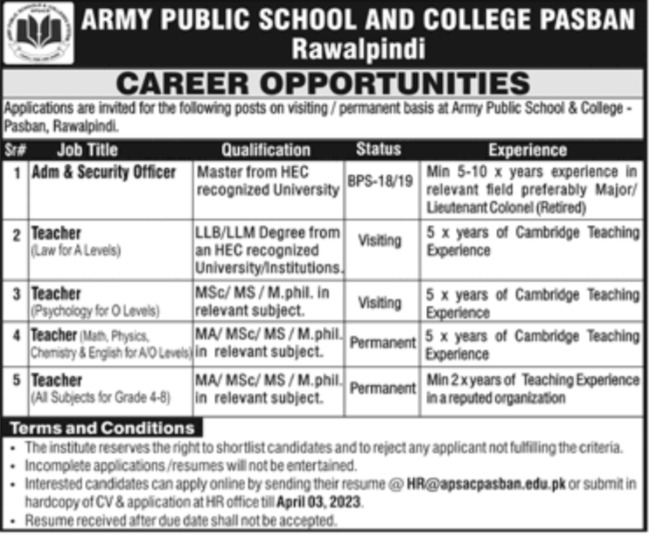 Army Public School and College Jobs March 2023