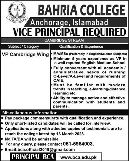 Bahria College Islamabad Jobs March 2023