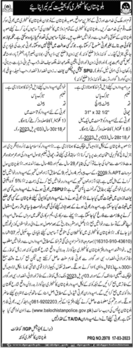 Balochistan Police Jobs March 2023
