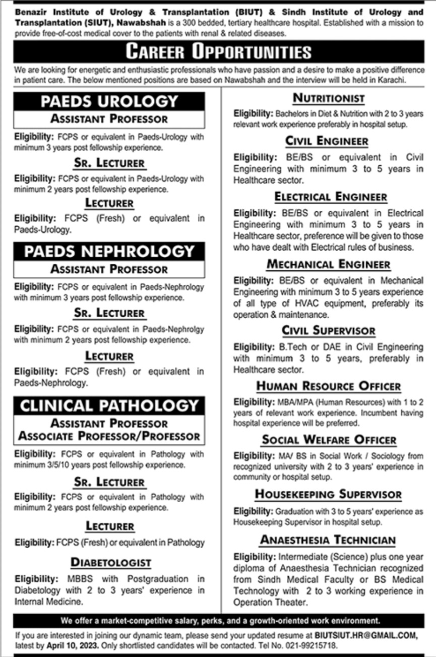 Benazir Institute of Urology & Transplantation BIUT Jobs March 2023