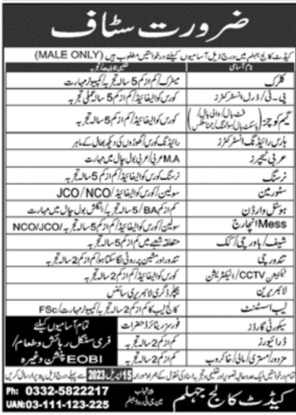 Cadet College Jhelum Jobs March 2023