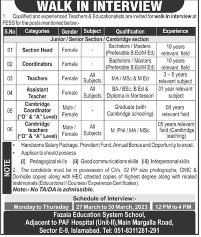 Fazaia Education System School Jobs March 2023