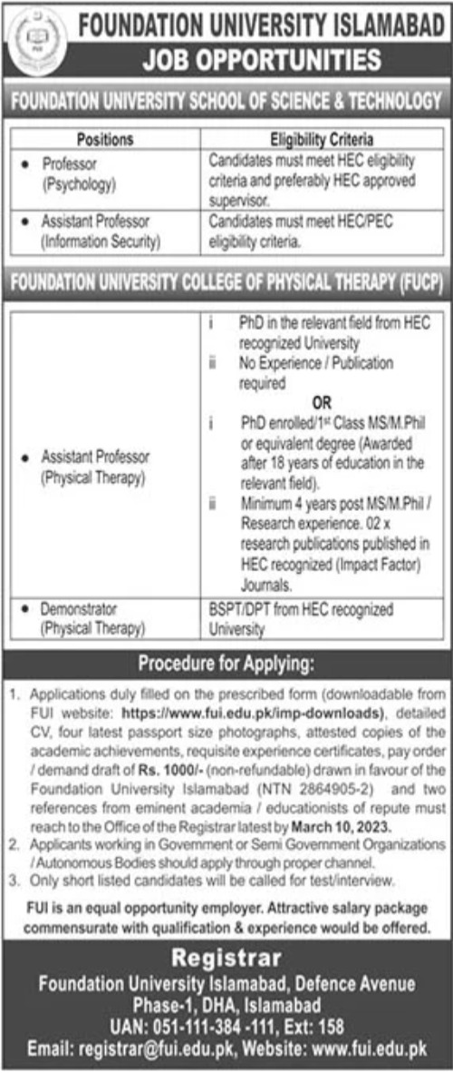 Foundation University Islamabad Jobs February 2023