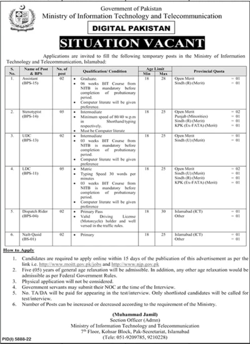 Government of Pakistan Ministry of Information Technology and Telecommunication Jobs March 2023