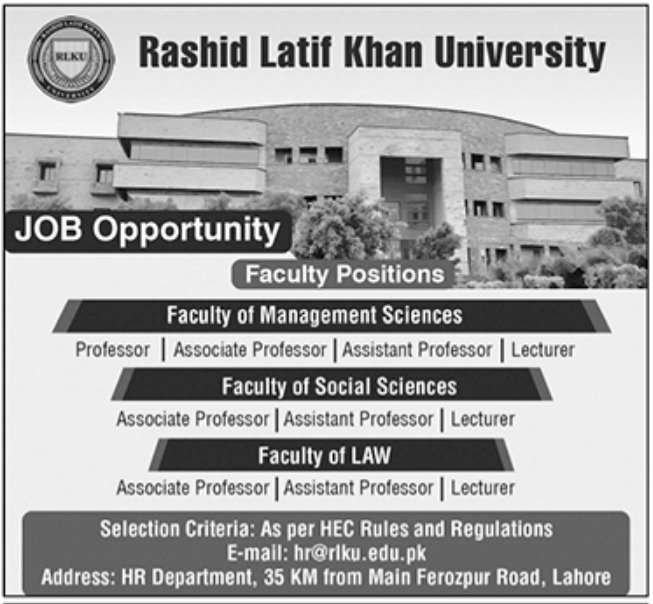 Rashid Latif Khan University Jobs March 2023