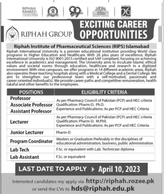 Riphah Group Jobs March 2023