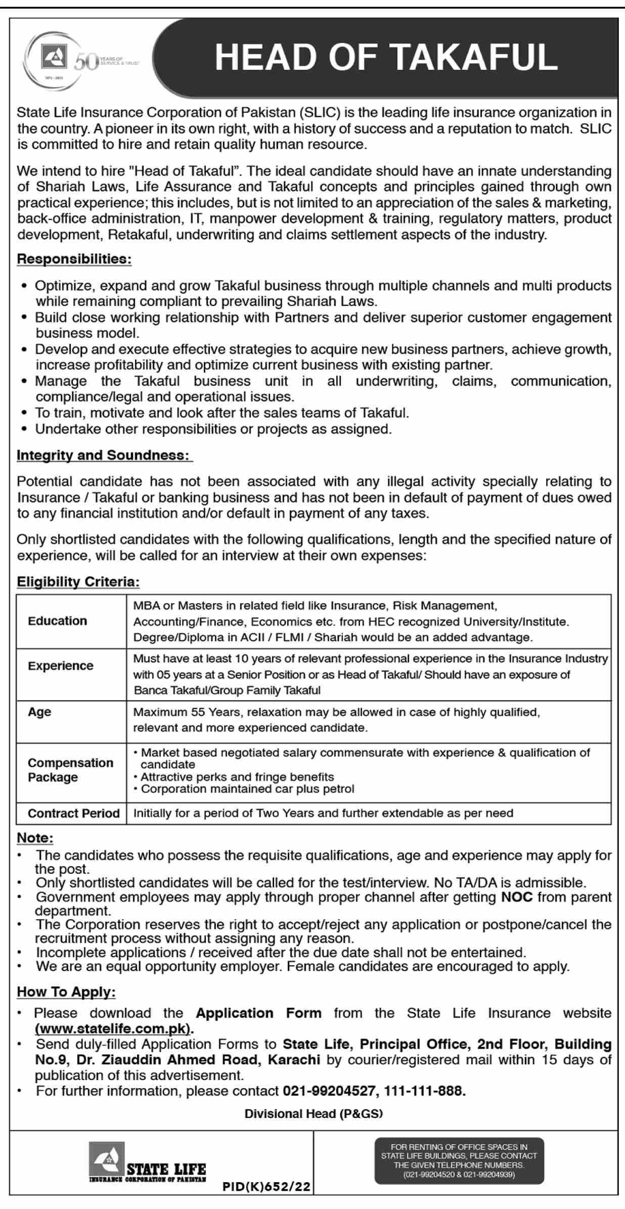 State Life Insurance Corporation of Pakistan Jobs September 2022