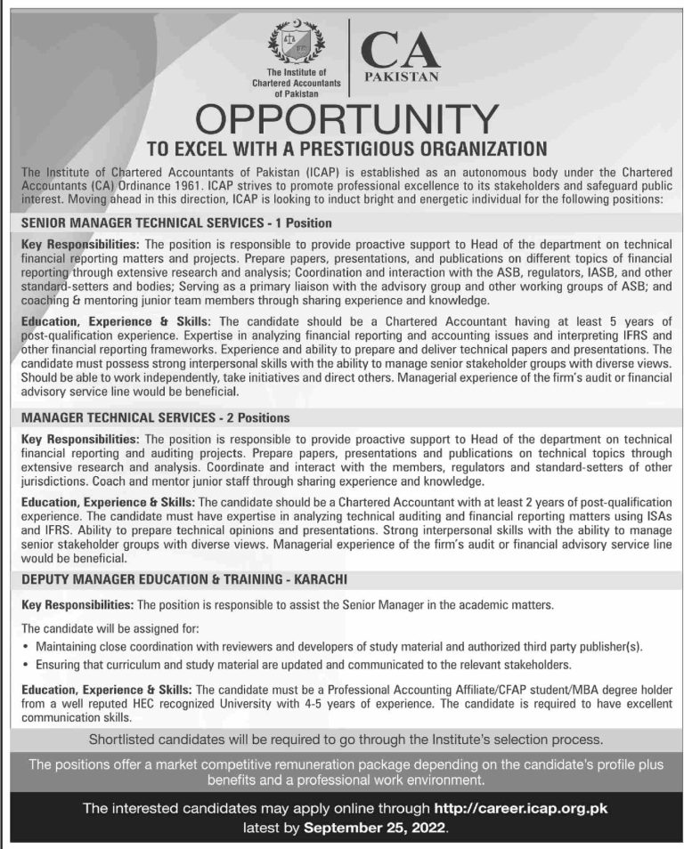 The Institute of Chartered Accountant of Pakistan ICAP Jobs September 2022