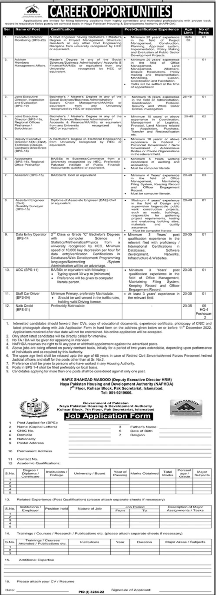 Naya Pakistan Housing and Development Authority Jobs November 2022