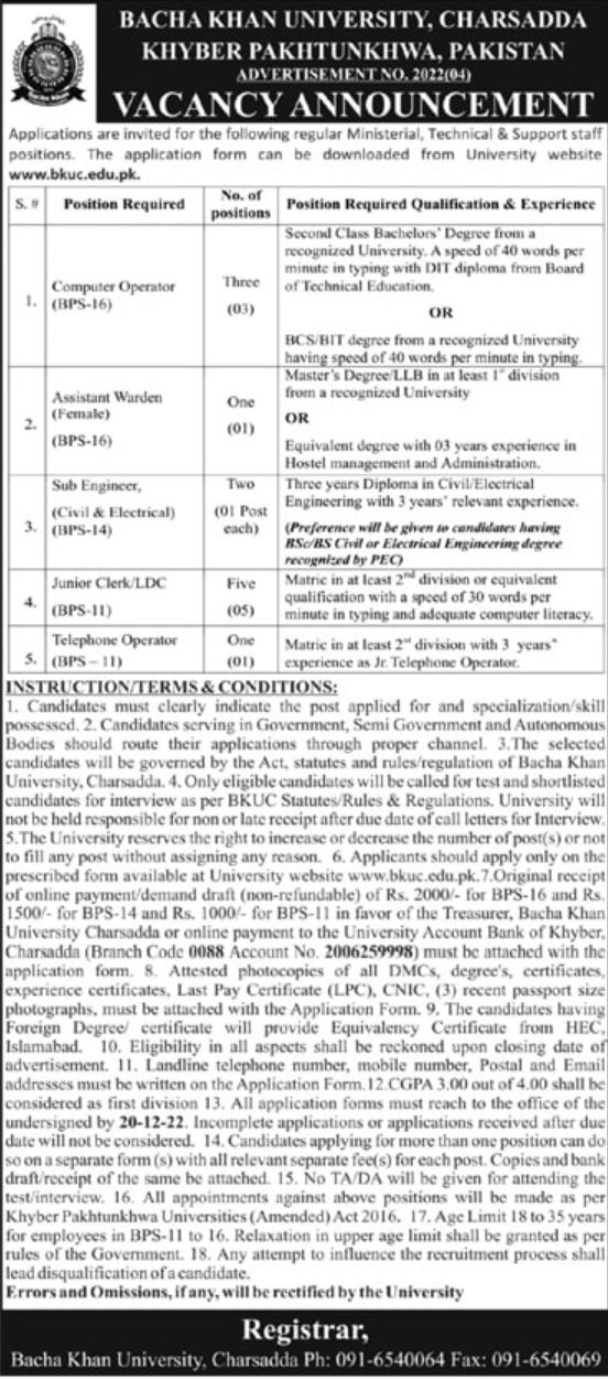Bacha Khan University Charsadda Khyber Pakhtunkhwa Pakistan Jobs November 2022