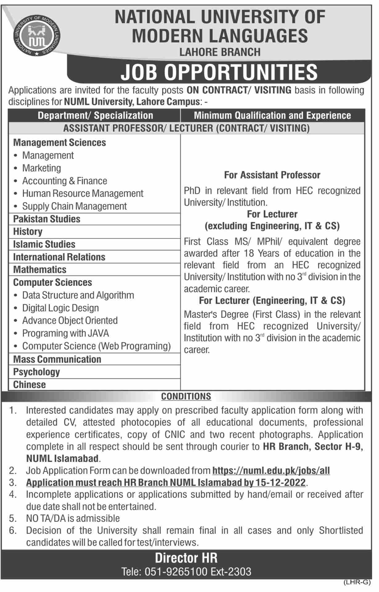 NUML Lahore Jobs November 2022