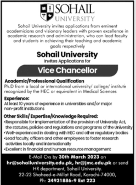 Sohail University Jobs March 2023